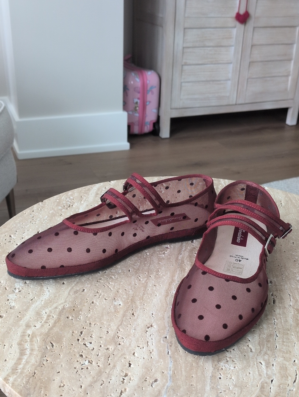 Women’s Burgundy Polka Dot Mary Jane Flats with Double Strap